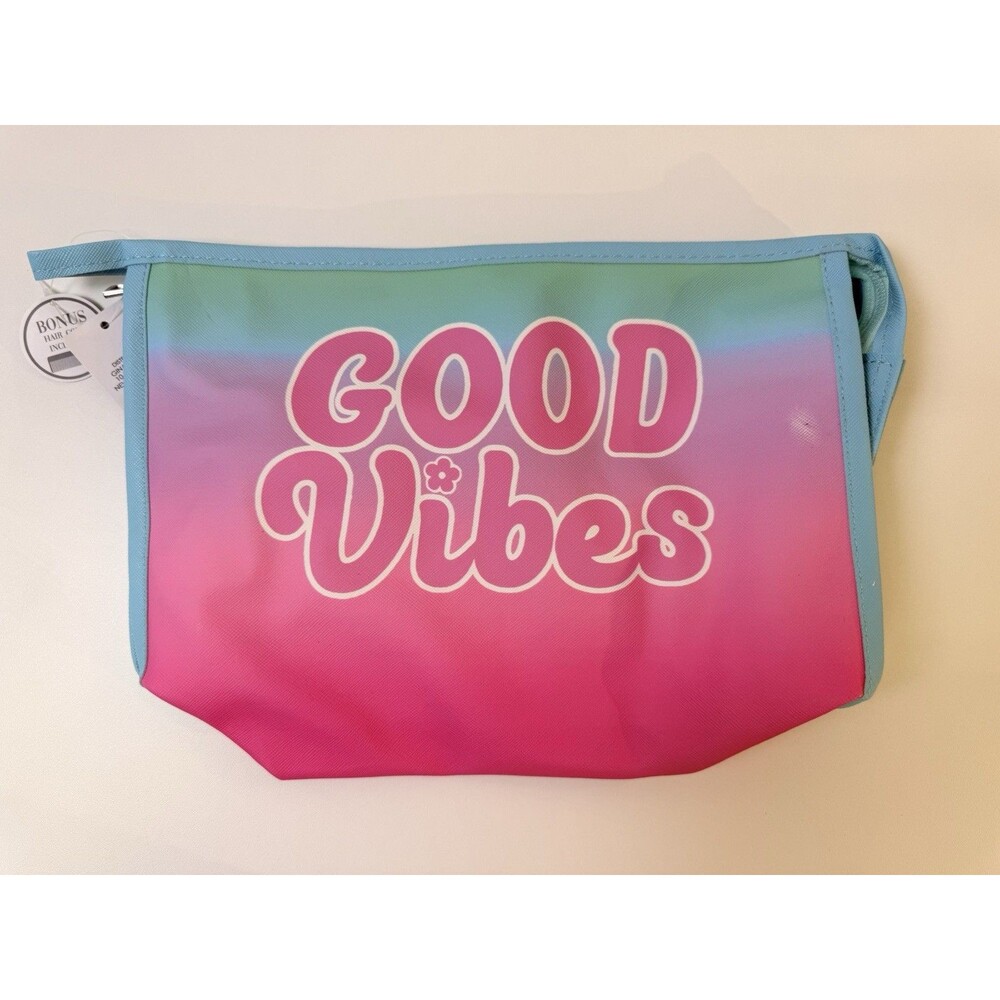 Good Vibes Cosmetic Makeup Vanity Zipper Bag Bonus Hair Comb Included Pink Teal